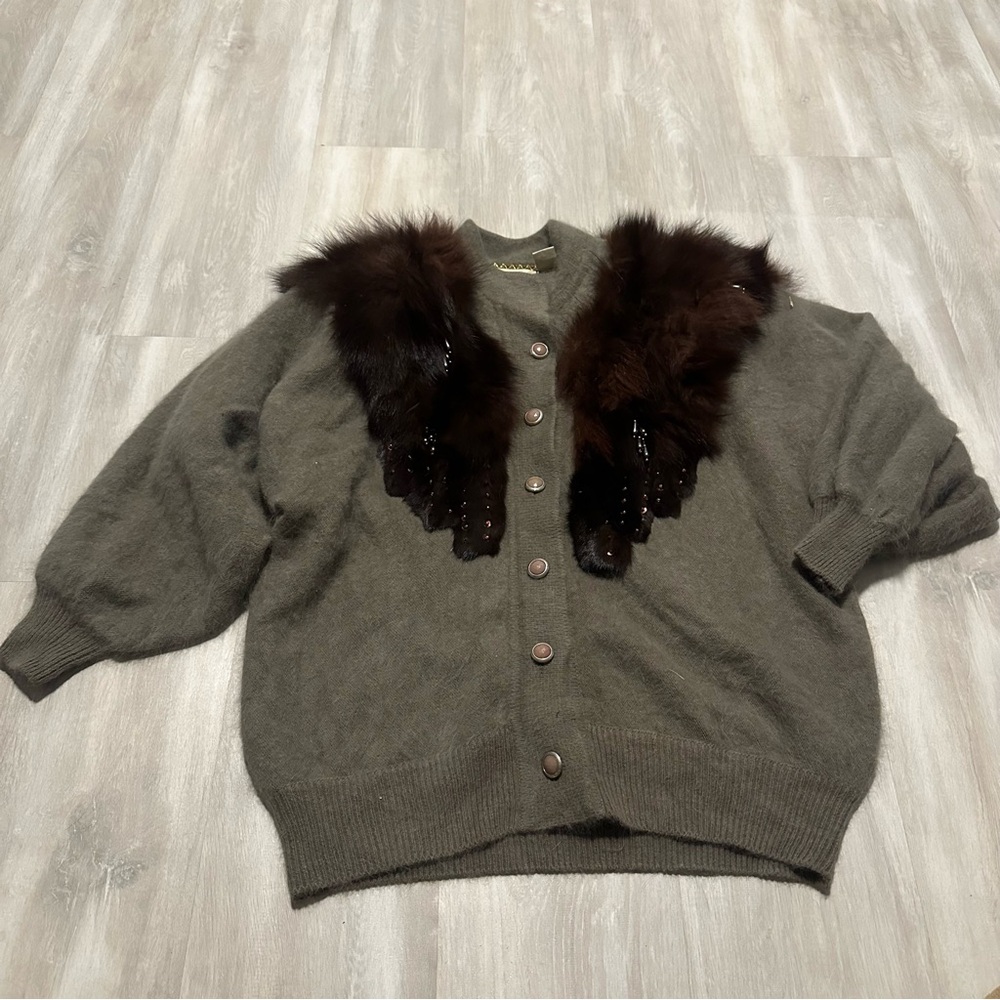 Nina Austin Gray Brown Beige Rabbit Fur and Lamb Wool Cardigan Sweater Sz S